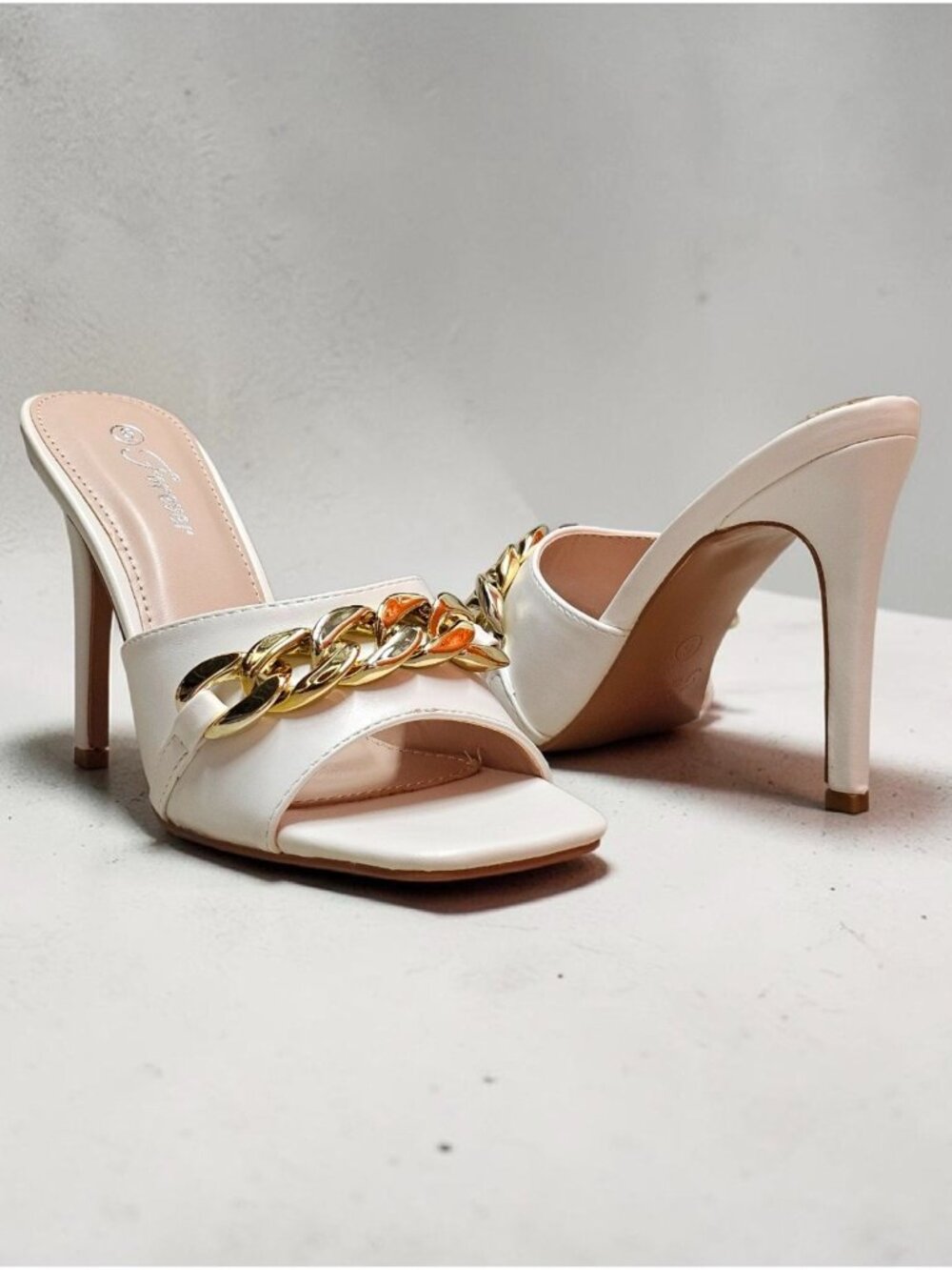White High-Heel Mules With Gold Chain Accent - Forever Brand - Chic Open-Toe Des